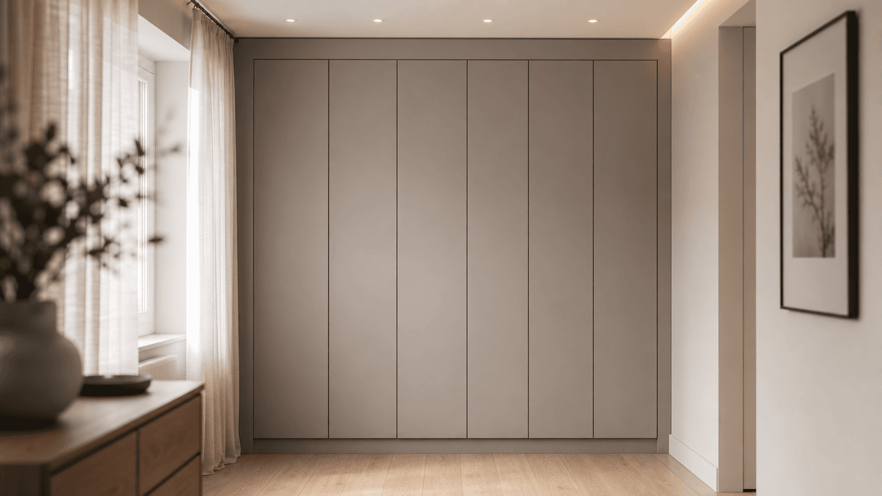 Armário embutido de design minimalista com portas lisas e sem maçanetas, integrado a uma parede clara, transmitindo ordem e tranquilidade visual.